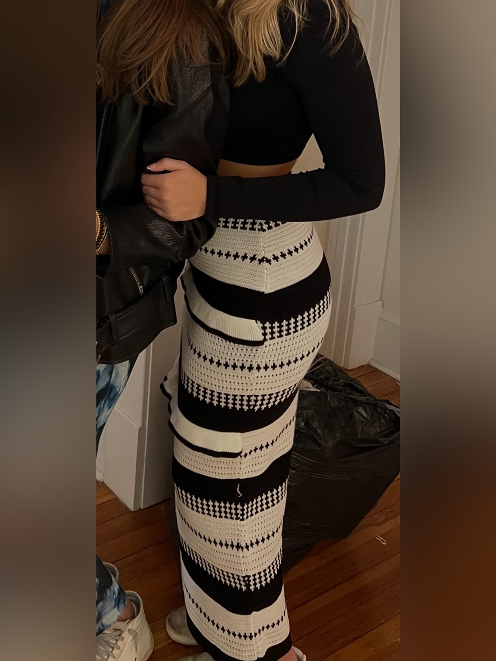 PrettyLittleThing Black and White Striped Crochet Maxi Skirt